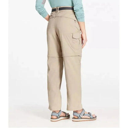 Back view of the L.L.Bean Women's Tropicwear Zip-Off Pants, Mid-Rise in Soft Sand showing the cargo pocket and zip-off feature against a white background.
