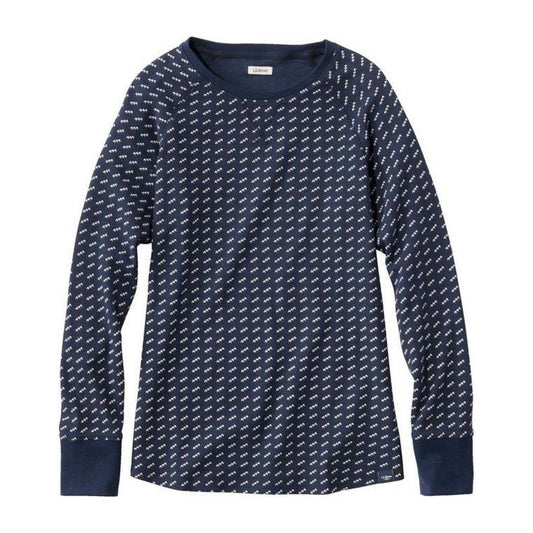 A front view of the L.L.Bean Women's Unshrinkable Mini-Waffle Long-Sleeve Crewneck Stripe Tee in Classic Navy Birdseye against a white background.
