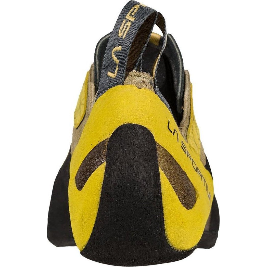 Back view of the La Sportiva Finale climbing shoe in Aloe/Moss with a black rubber outsole and yellow upper.