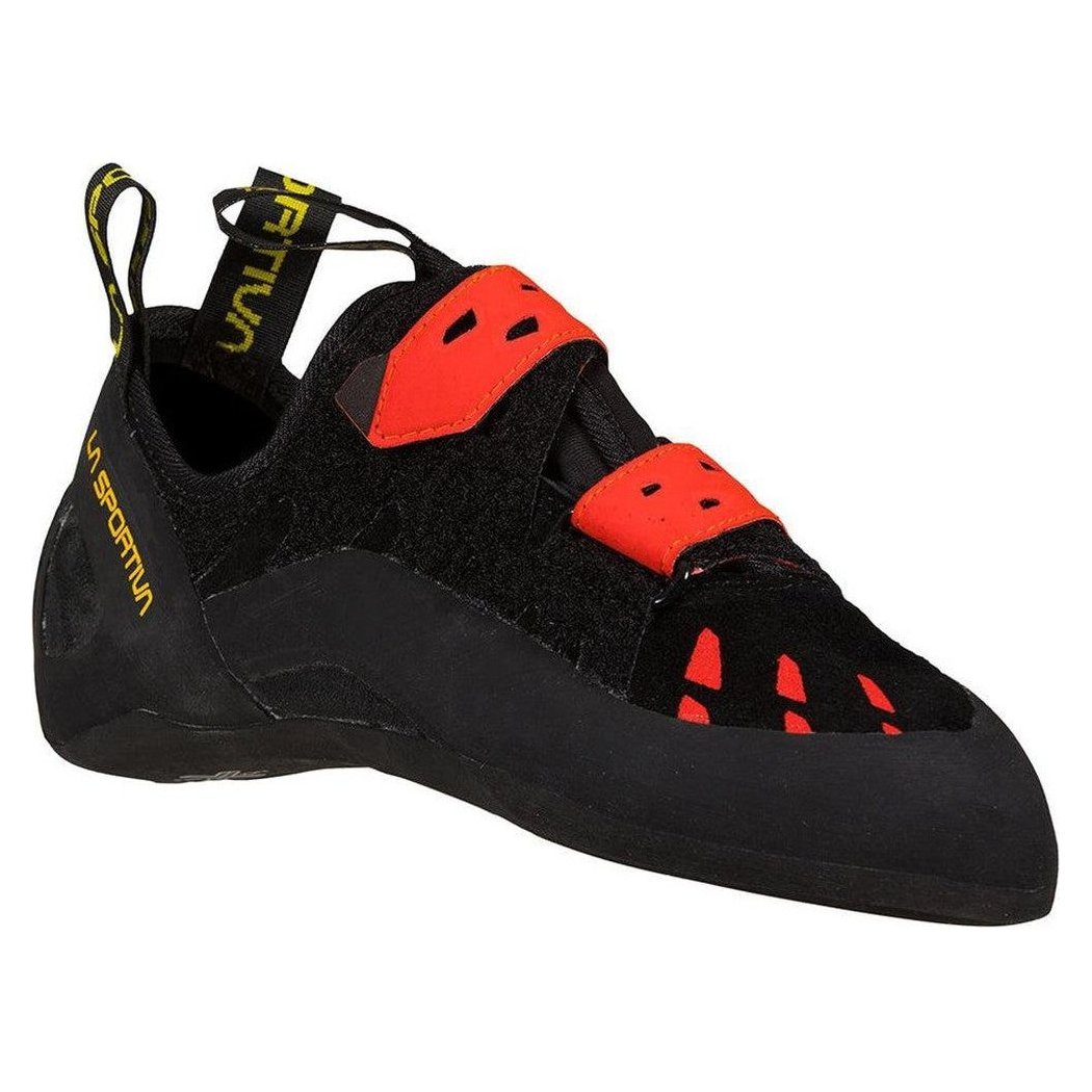 A side view of the La Sportiva Tarantula climbing shoe in Black/Poppy with red straps against a white background.