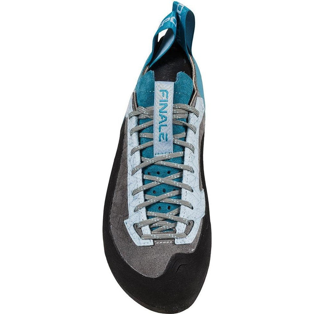 Top view of the La Sportiva Women's Finale climbing shoe in Clay/Topaz with gray laces and a black toe.
