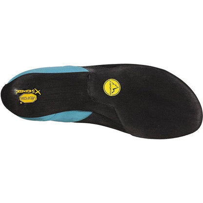 The sole of the La Sportiva Women's Finale climbing shoe in Clay/Topaz is shown from a bottom view, highlighting the black and blue design with yellow logos against a white background.