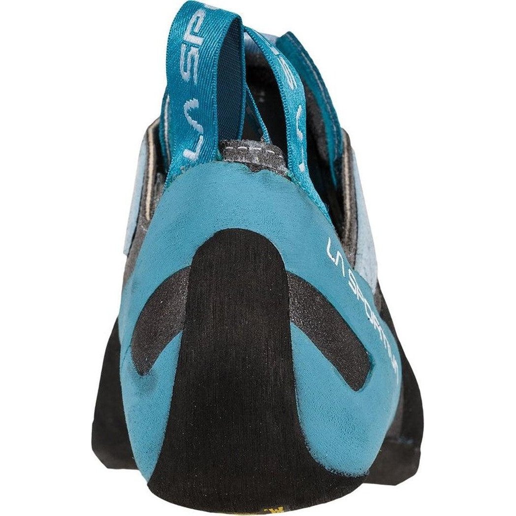 Back view of the La Sportiva Women's Finale climbing shoe in Clay/Topaz showing the heel and brand logo against a white background.
