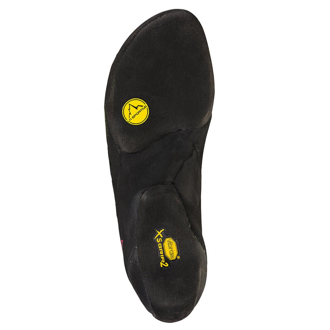 Top view of the La Sportiva Women's Kubo in Royal/Love Potion showing the yellow logo on the sole against a white background.