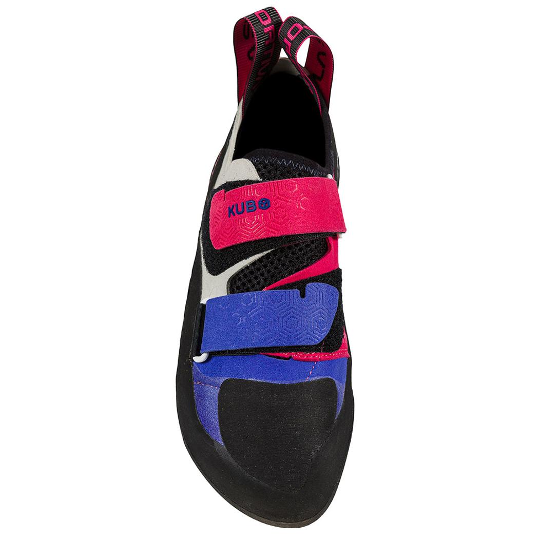 A top-down view of the La Sportiva Women's Kubo climbing shoe in Royal/Love Potion with pink and blue straps against a white background.