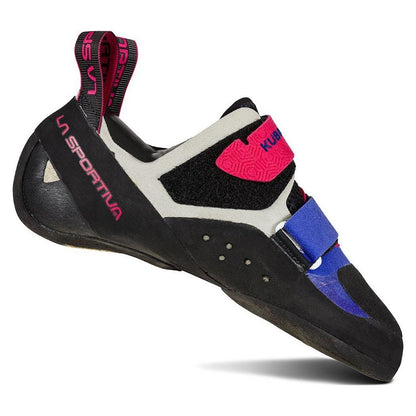 A side view of the La Sportiva Women's Kubo climbing shoe in Royal/Love Potion with a blue strap and pink accents against a white background.