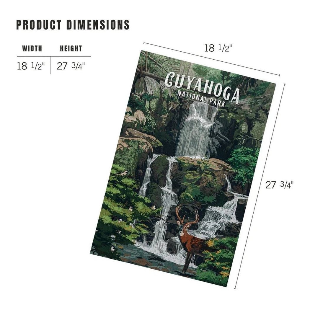 A 1000 piece puzzle of Cuyahoga Valley National Park Deer Falls with a waterfall and deer, shown at an angle.
