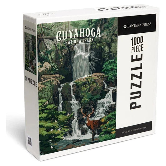 A box of the Lantern Press 1000 PIECE PUZZLE Cuyahoga Valley National Park Deer Falls showing a deer by a waterfall.