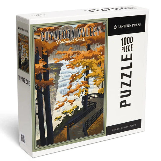 A box of Lantern Press 1000 PIECE PUZZLE Cuyahoga Valley National Park showing a waterfall and trees.