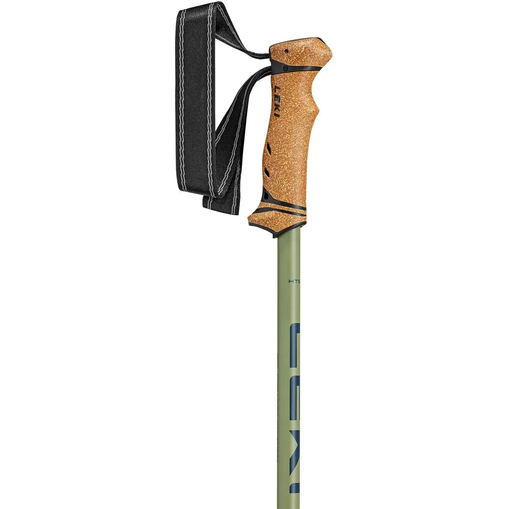 A side view of the Leki Legacy Lite trekking pole with a cork grip and black strap, against a white background.