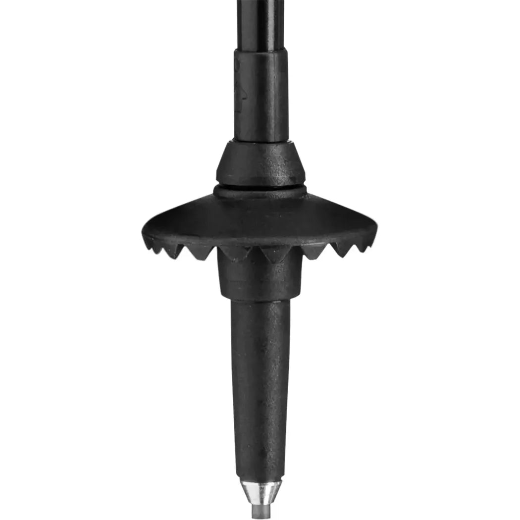 A close-up of the Leki Legacy Lite trekking pole tip with a serrated rubber ring and metal point, photographed against a plain white background.