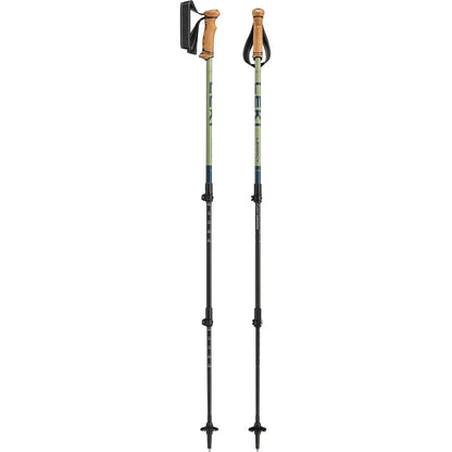 Two Leki Legacy Lite trekking poles with tan grips and black straps, shown upright against a white background.