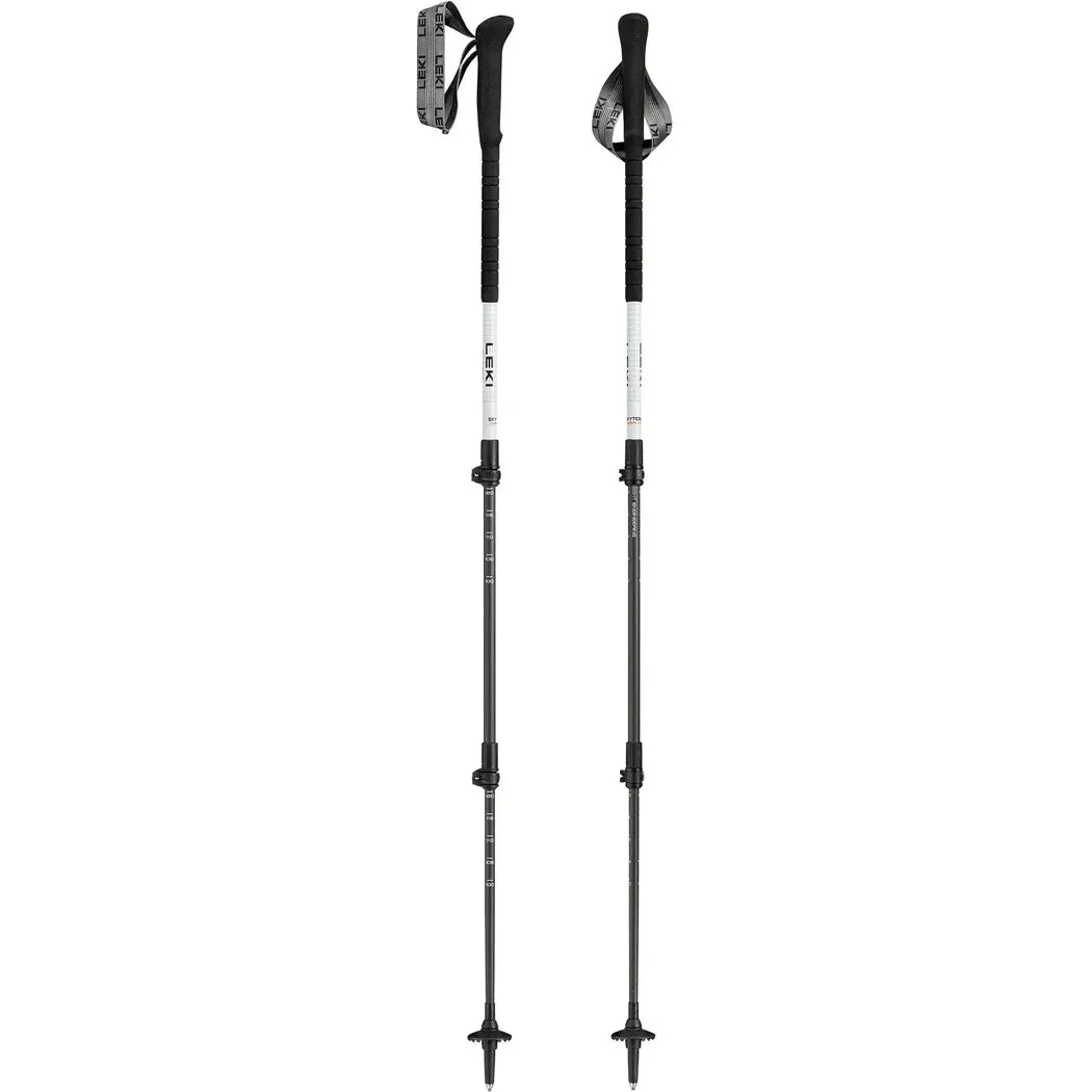 Two Leki Skytera Carbon Lite trekking poles in side view against a white background.
