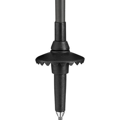 A close-up of the Leki Skytera Carbon Lite trekking pole tip with a serrated rubber base and metal point, photographed against a white background.