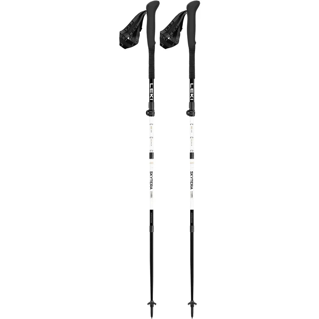 Two Leki Skytera FX Carbon SL Compact trekking poles with black and white shafts and black grips, shown from a front angle against a white background.