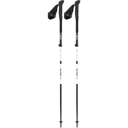 Two Leki Skytera FX Carbon SL Compact trekking poles with black and white shafts and black grips, shown from a front angle against a white background.