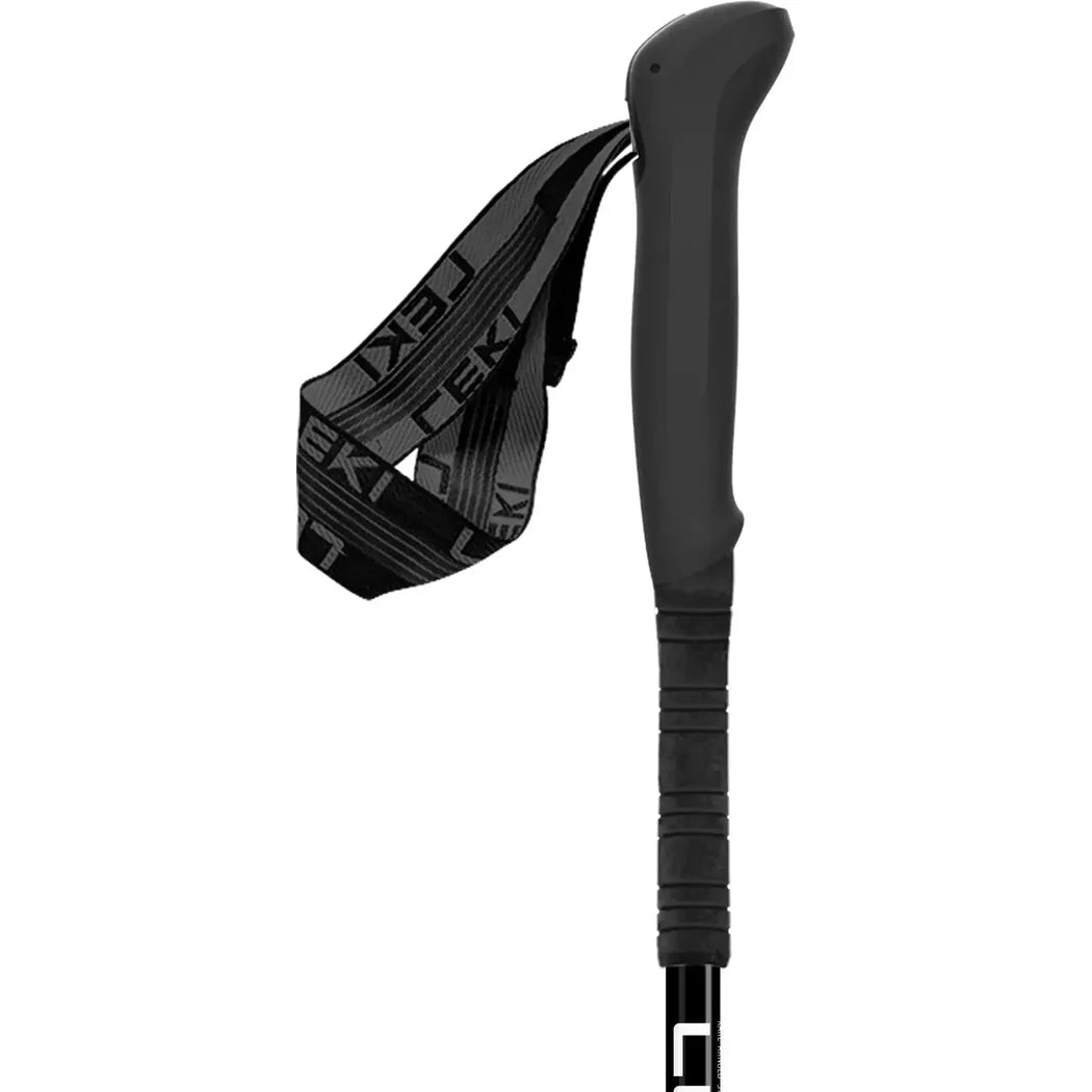 A side view of the Leki Skytera FX Carbon SL Compact trekking pole with a black strap and grip against a white background.