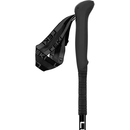 A side view of the Leki Skytera FX Carbon SL Compact trekking pole with a black strap and grip against a white background.