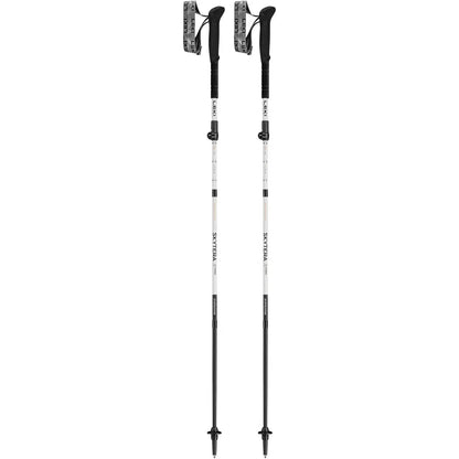 Two Leki Skytera FX Carbon SL trekking poles with black grips and silver shafts stand upright against a plain white background.