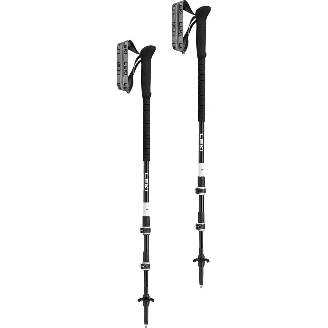 Two black Leki Skytera Lite trekking poles with gray straps, shown from the side against a white background.