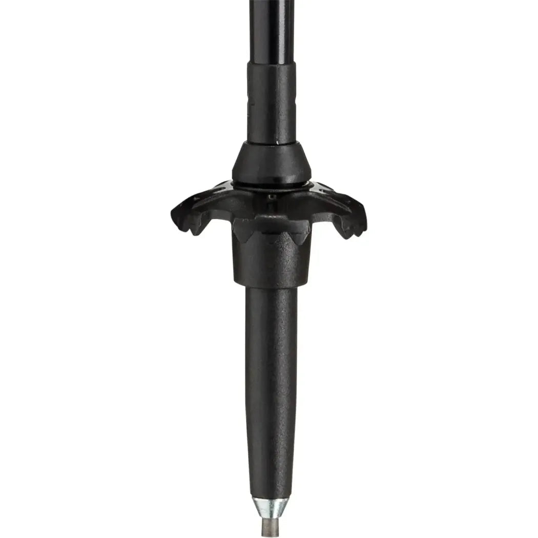 The Leki Skytera Lite trekking pole shown from the bottom up, featuring a black adjustable section and a pointed metal tip, against a plain white background.