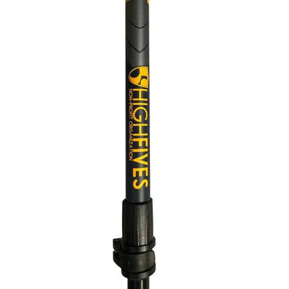 A close-up of the Leki Wanderfreund High Fives trekking pole showing the black shaft and yellow logo against a white background.