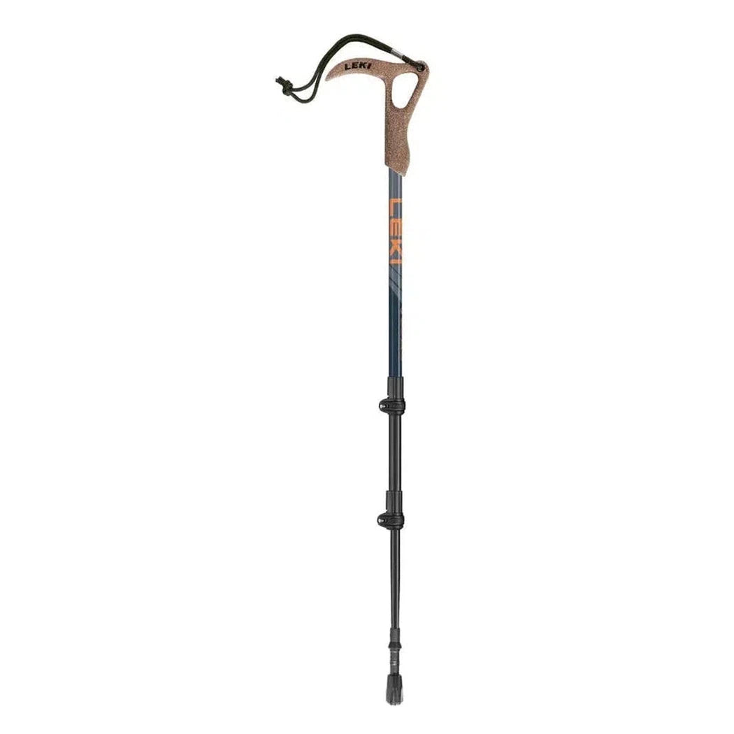 A side view of the Leki Wanderfreund High Fives trekking pole with a brown handle and blue shaft against a white background.