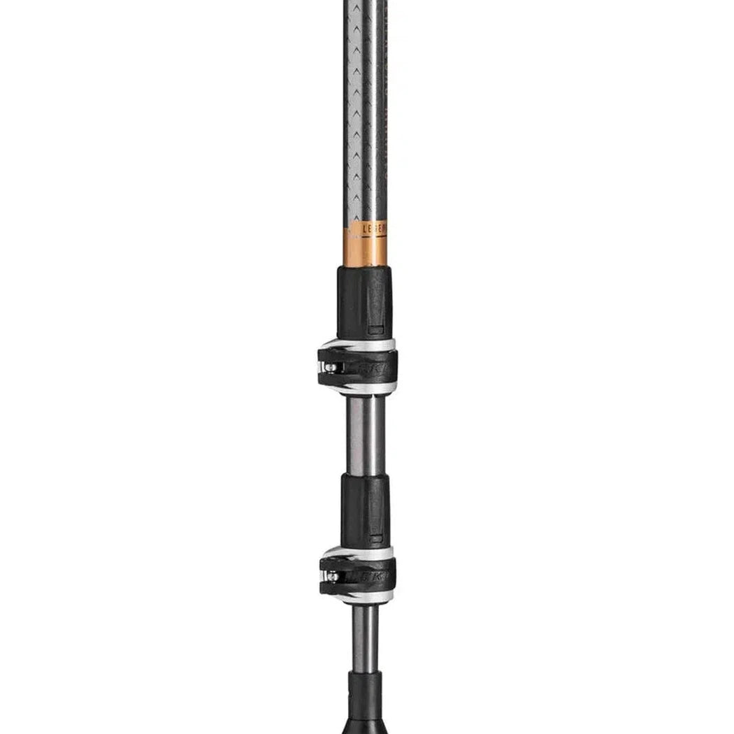 A close-up of the Leki Wanderfreund Makalu trekking pole showing its black and silver sections against a plain white background.