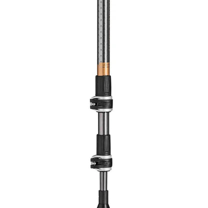 A close-up of the Leki Wanderfreund Makalu trekking pole showing its black and silver sections against a plain white background.