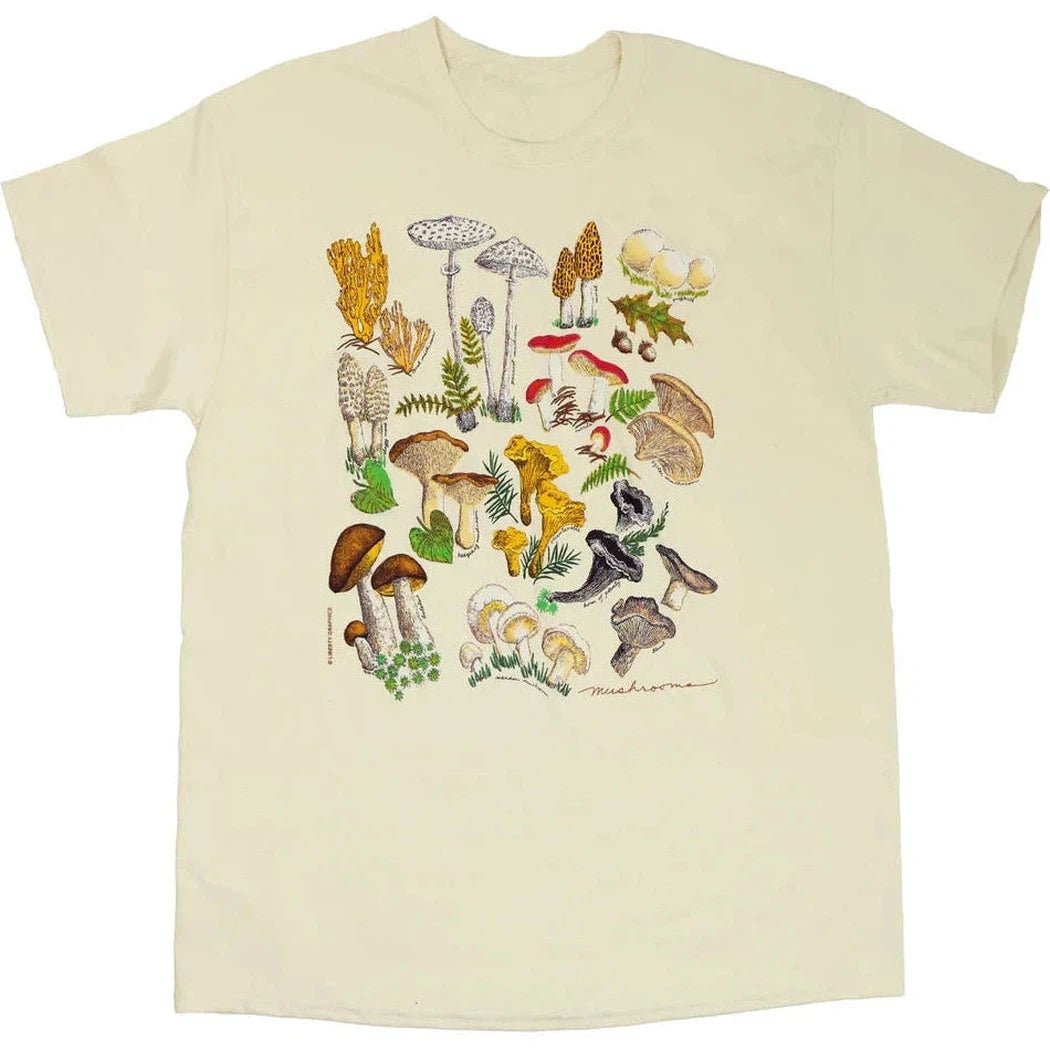 A natural colored Liberty Graphics Mushrooms Short Sleeve T shows a detailed mushroom print on a plain background.