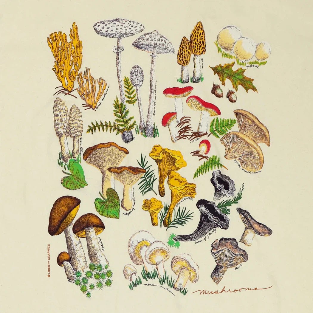 A colorful illustration of various mushrooms and plants on a Natural Liberty Graphics Mushrooms Short Sleeve T.