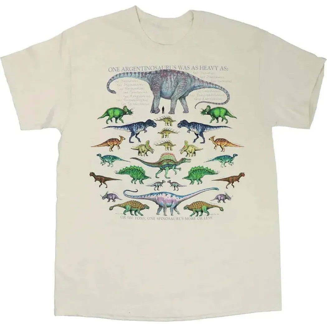 A stone colored unisex t - shirt from Liberty Graphics featuring a large dinosaur graphic and multiple smaller dinosaur illustrations.