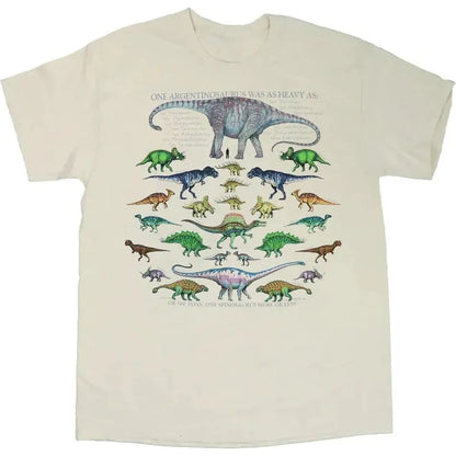 A stone colored unisex t - shirt from Liberty Graphics featuring a large dinosaur graphic and multiple smaller dinosaur illustrations.