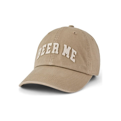 A front view of the Life is Good Adult Unisex Beer Me Arch Chill Cap in Mushroom Brown against a white background.