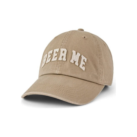 A front view of the Life is Good Adult Unisex Beer Me Arch Chill Cap in Mushroom Brown against a white background.