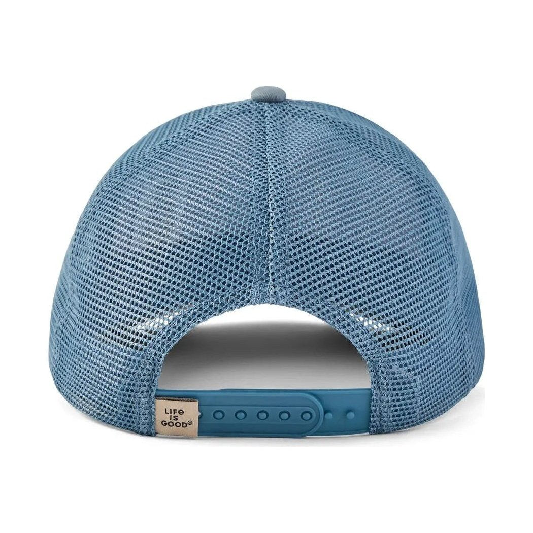 Back view of the Life is Good Adult Unisex Moonlight Treescape Trucker in Slate Blue showing the mesh back and adjustable strap with a white background.