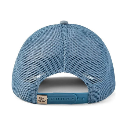 Back view of the Life is Good Adult Unisex Moonlight Treescape Trucker in Slate Blue showing the mesh back and adjustable strap with a white background.