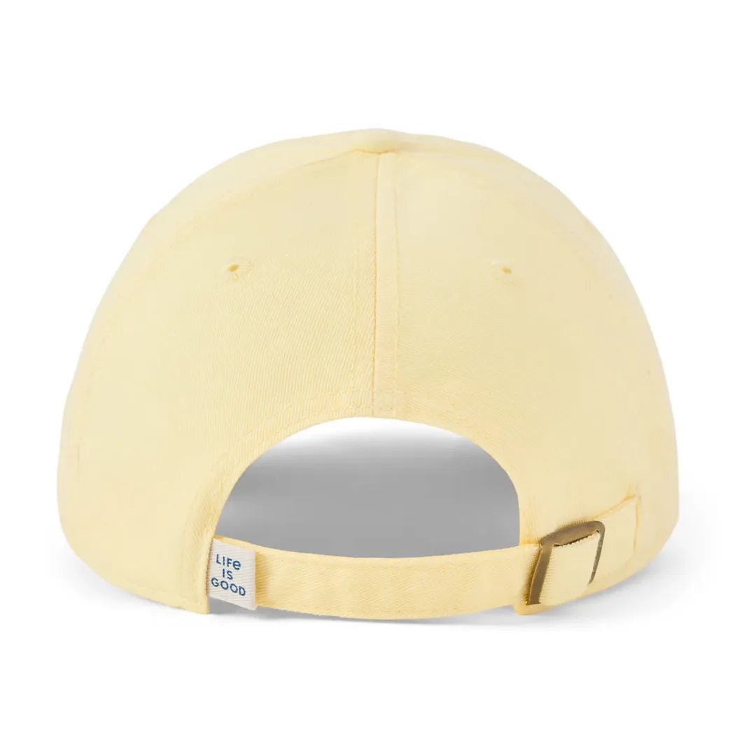 Back view of the Life is Good Adult Unisex Zinnia Bouquet Chillcap in Birch White showing the adjustable strap and brand tag against a white background.