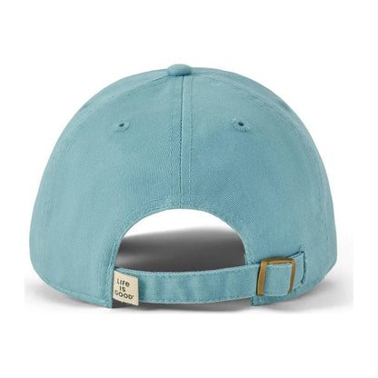 Back view of the Life is Good Kids Guitar Frog Kids Chill Cap in Cool Blue showing the adjustable strap and "Life is Good" tag.