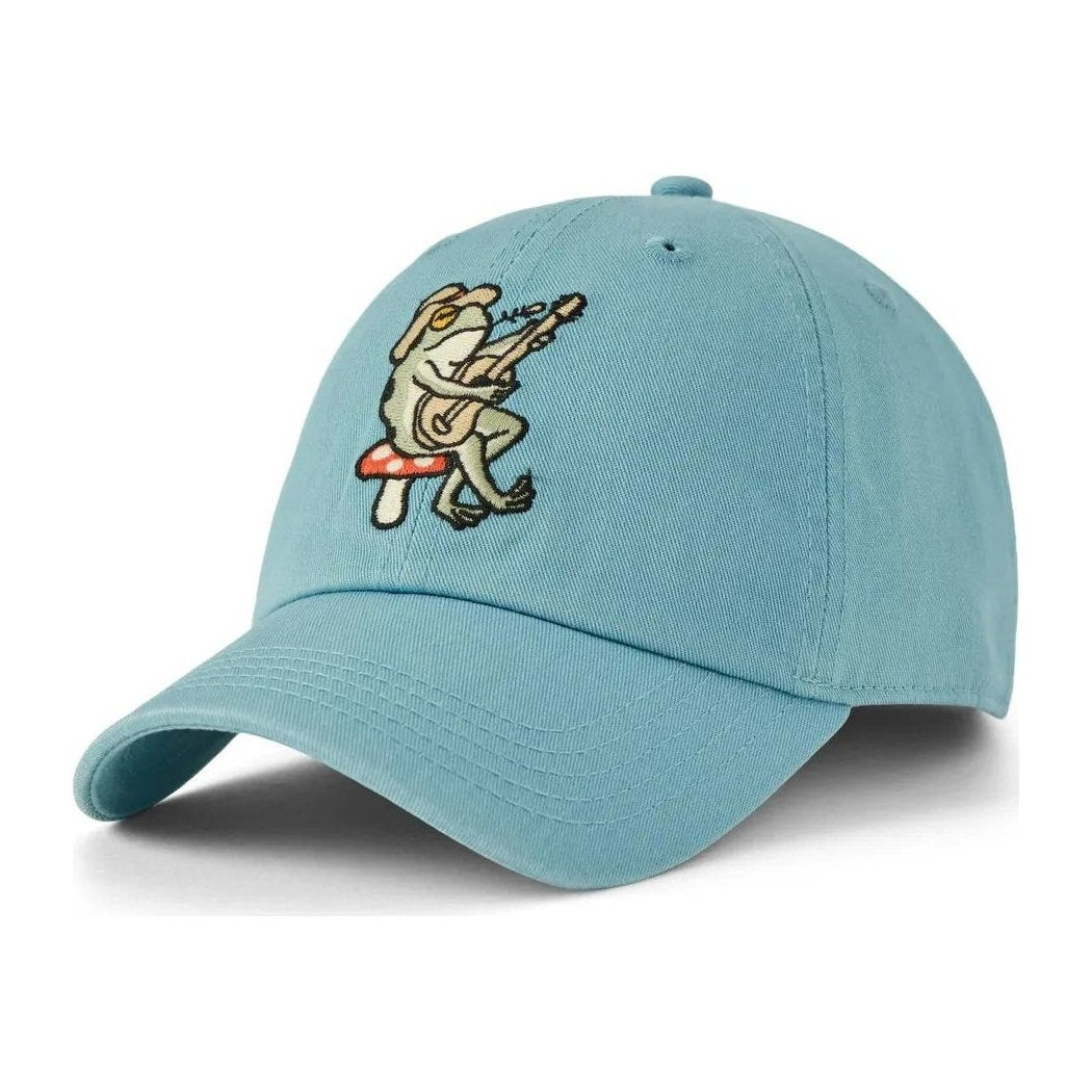 A cool blue Life is Good Kids Guitar Frog Kids Chill Cap with a frog playing guitar on a mushroom patch, shown from a front angle against a white background.