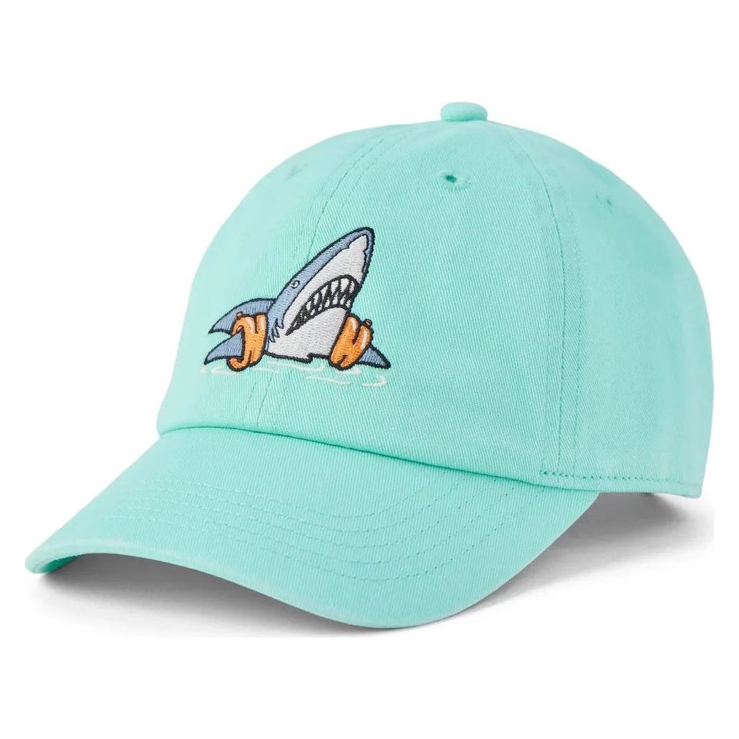 Aqua Blue Life is Good Kids Shark Floaty Swim Kids Chill Cap with a shark graphic on the front, shown from a front angle against a white background.