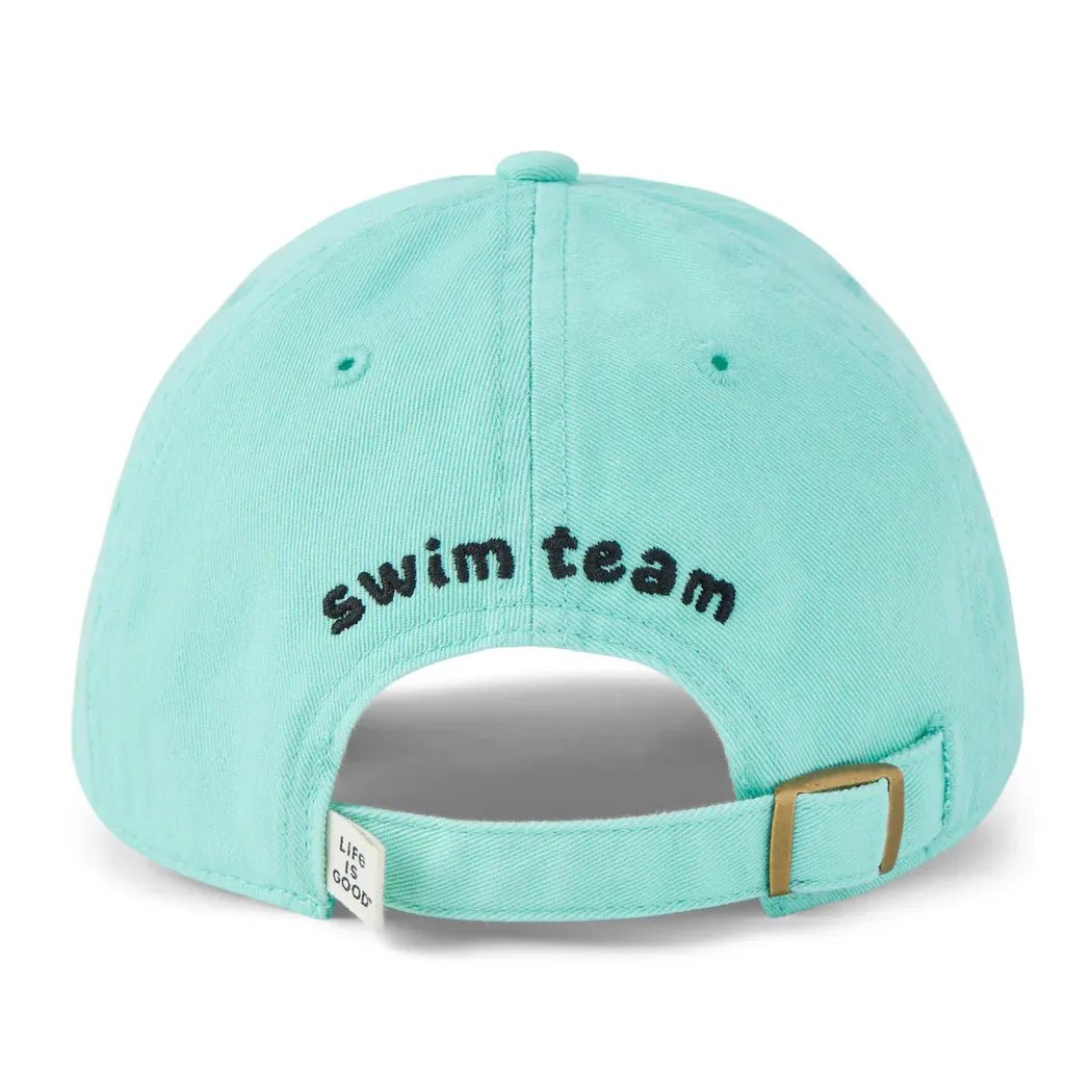 Back view of the Life is Good Kids Shark Floaty Swim Kids Chill Cap in Aqua Blue showing the adjustable strap and "swim team" text on the back.