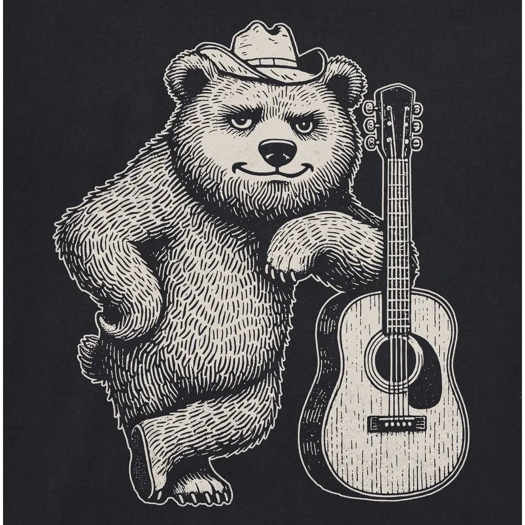 A charcoal graphic of a bear with a cowboy hat leaning on a guitar on a Faded Black tee.