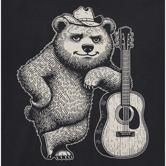 A charcoal graphic of a bear with a cowboy hat leaning on a guitar on a Faded Black tee.