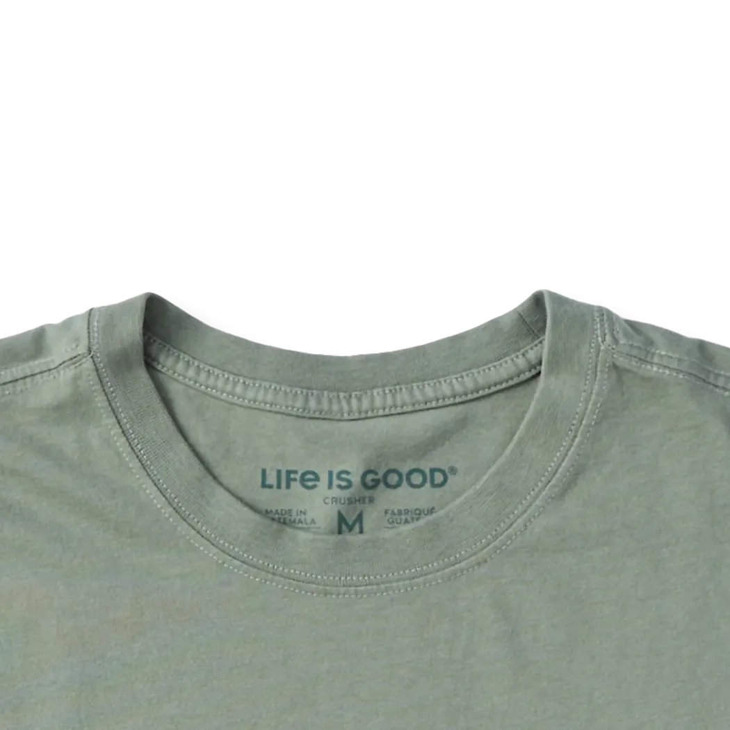 A close-up of the Life is Good Men's Bear in the Outdoors Short Sleeve Tee in Moss Green showing the collar and tag against a white background.