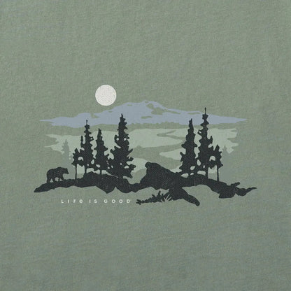 A silhouette of a bear and trees with a moon and mountains on a moss green tee that says "Life is Good".