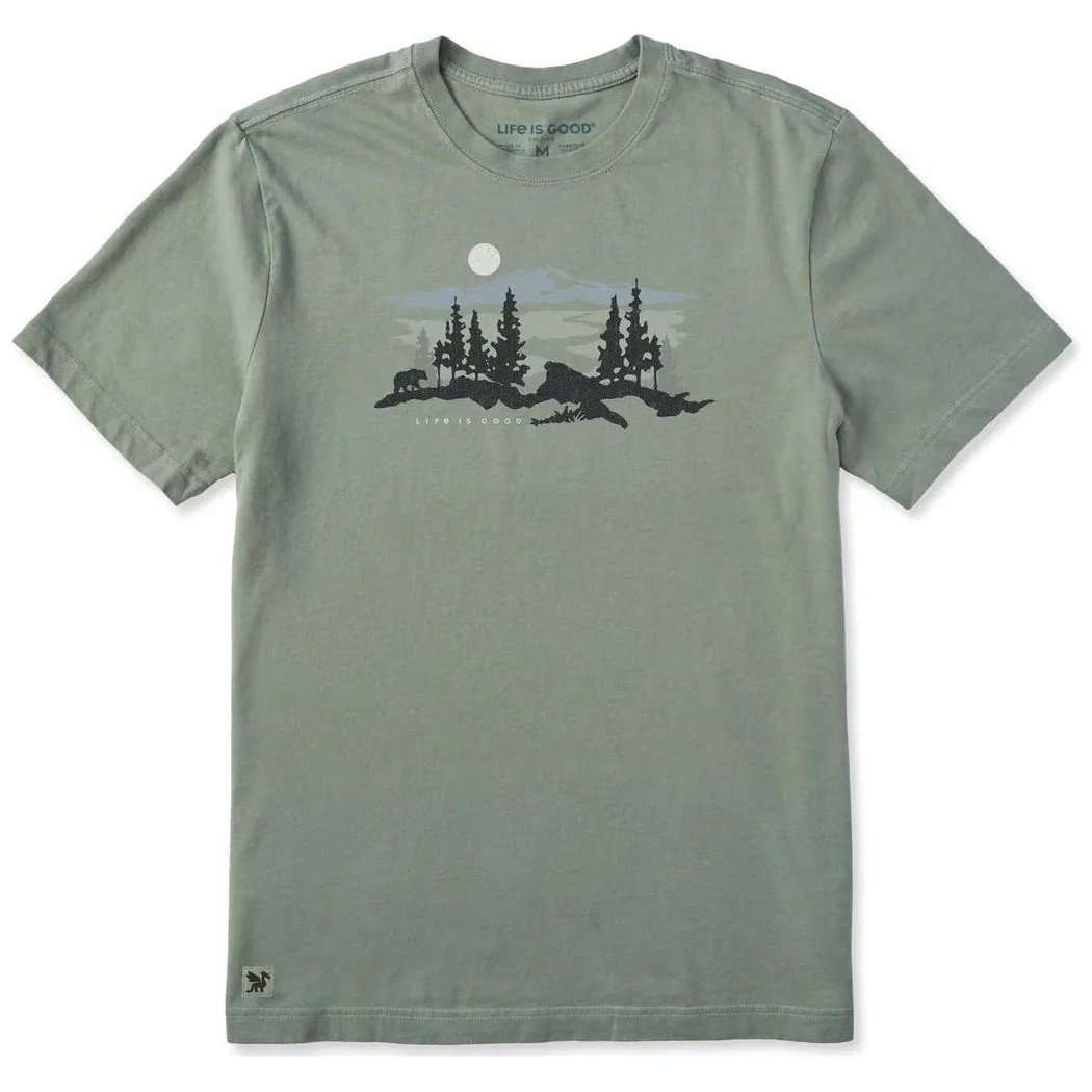 A front view of the Life is Good Men's Bear in the Outdoors Short Sleeve Tee in Moss Green showing the nature graphic on the chest.
