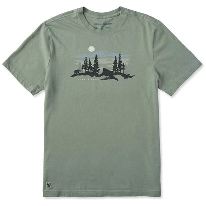 A front view of the Life is Good Men's Bear in the Outdoors Short Sleeve Tee in Moss Green showing the nature graphic on the chest.