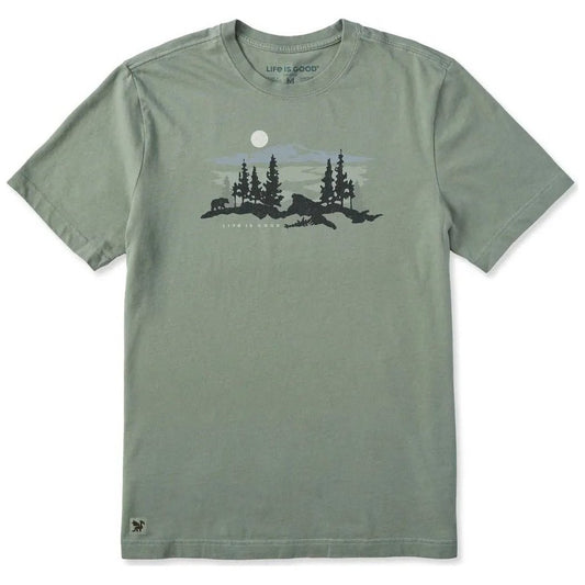 A front view of the Life is Good Men's Bear in the Outdoors Short Sleeve Tee in Moss Green showing the nature graphic on the chest.