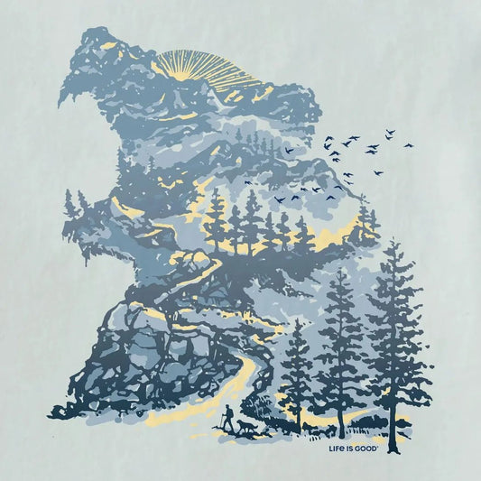 A fog gray Life is Good Men's Bear Mountainscape Crusher-LITE tee shows a mountain scene with trees and a hiker.